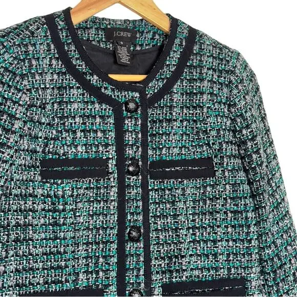 J.CREW Tweed Fanfare Peacock Cropped Blazer Jacket Green Black Size 0 - Picture 4 of 6